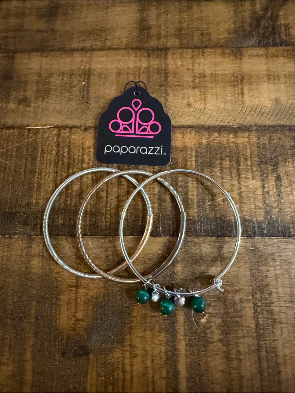 Paparazzi Silver Hoop Bracelet Set with Green Bead Charms
